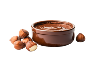 Hazelnut spread in a bowl with nuts nearby, brown creamy color, cut out transparent png