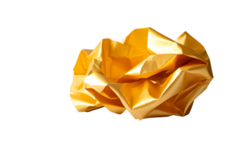 Golden texture in crumpled form, metallic structure on black background, cut out transparent png