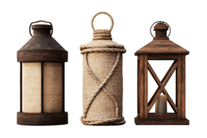 Antique rustic lanterns group 3D rendering, cut out transparent png