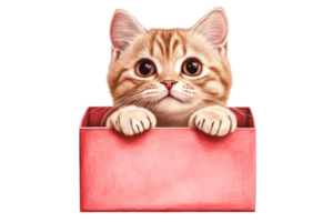 Adorable kitty sitting in a red box with a curious expression, cut out transparent png