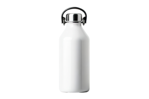Insulated white bottle with loop on black background, cut out transparent png