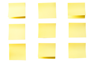 Yellow post-it notes on a black background for reminders , cut out transparent png