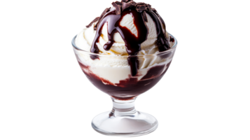 Indulgent dessert with ice cream, chocolate syrup, and toppings png