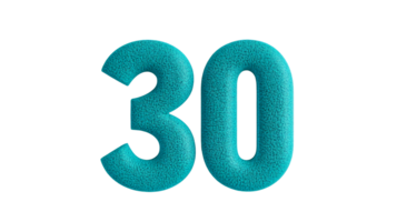 Turquoise number 30 in a playful design on clear background png