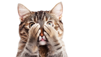 Cat covering its eyes in playful expression on transparent background png