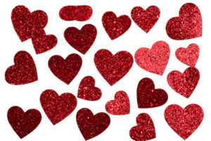 Red glitter hearts scattered on a transparent background png