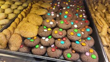 Freshly baked cookies on display at a local bakery video