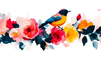 Bird on Flowers, Painterly Style, Bright Colors, Illustration, cut out transparent png