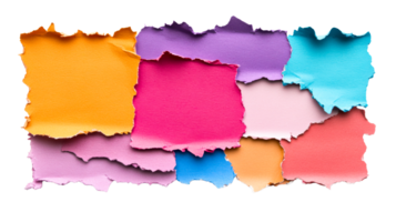 Torn colored paper scraps, background, overlay, bright fragments, pattern, cut out transparent png