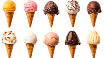 Assorted ice cream cones with different flavors, cut out transparent png