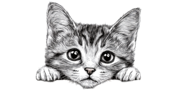 Cute tabby kitten with paws peaking, endearing gaze, cut out transparent png