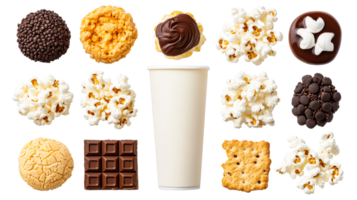 Assorted Confections and Snacks, Black Background, Top View, cut out transparent png