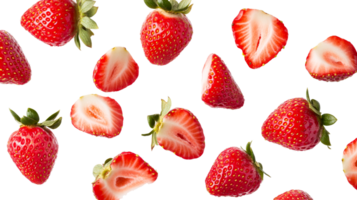 Fresh ripe strawberries, whole and sliced, food background, cut out transparent png