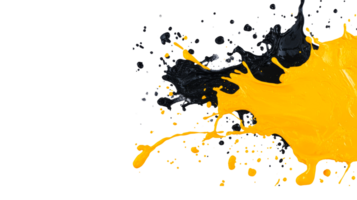 Splashes of black and yellow paint are contrasting, abstract, cut out transparent png
