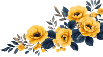 Lush yellow flowers with dark blue leaves, artistic arrangement, cut out transparent png