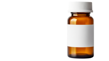 Amber bottle with white label on black backdrop, cut out transparent png