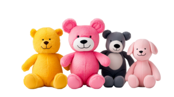 Teddy bears and puppy plush toys in a row isolated , cut out transparent png