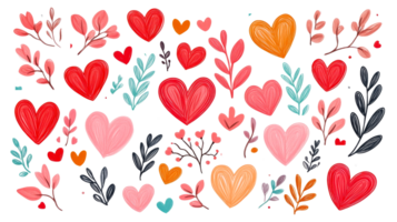 Valentine's Day digital scrapbook with heart and leaf elements, cut out transparent png