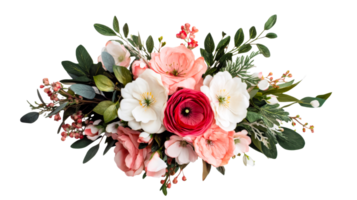 Floral arrangement with soft pinks and reds, cut out transparent png