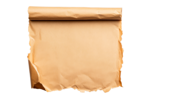 Ancient parchment scroll unrolled with tattered edges, isolated, cut out transparent png