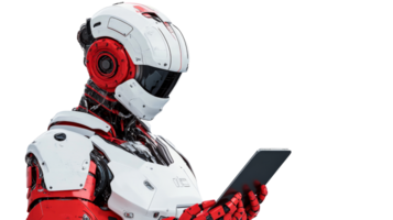 Futuristic robot using tablet, artificial intelligence machine, cut out transparent png