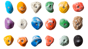 Climbing holds set on a black background, cut out transparent png