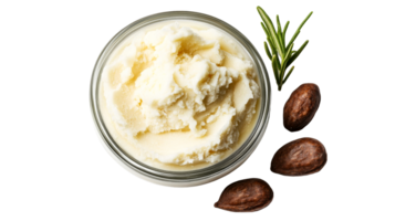 Shea butter in jar with rosemary and nuts, top view, cut out transparent png