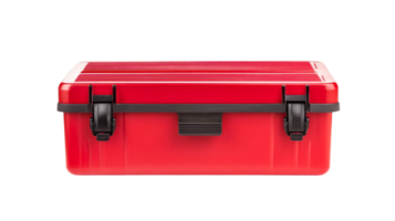 Red toolbox with black latches, ribbed lid, container for tools, cut out transparent png
