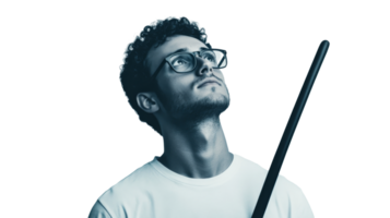 Man with glasses looking up at something, wearing white t-shirt, cut out transparent png
