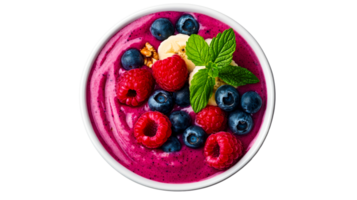 Smoothie bowl with fresh berries and mint, served, cut out transparent png