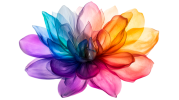 Vibrant colorful bloom with rainbow petals on black background, cut out transparent png