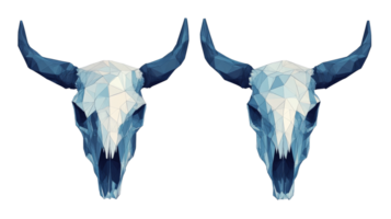Two polygonal skulls, low poly bull skulls, 3d rendering, cut out transparent png
