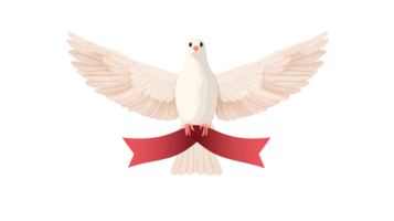 Dove with ribbon in its beak, flying bird holding sign, cut out transparent png