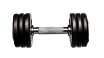 Black metal dumbbell with knurled handle on black background, cut out transparent png