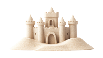 Sandcastle with towers on mound, elaborate architecture, cut out transparent png