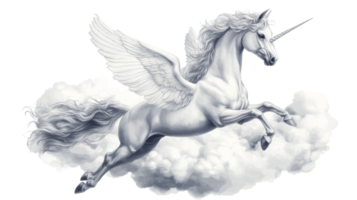 White unicorn with wings leaps from clouds, cut out transparent png