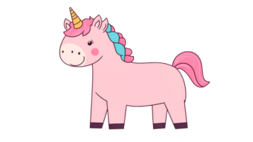 Smiling Unicorn with Pink Mane and Tail on Black Background, cut out transparent png