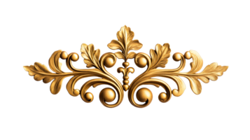 Golden ornament with leaves and spheres, isolated on black, cut out transparent png