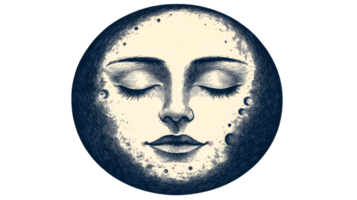 Serene moon face with closed eyes, fantasy drawing, cut out transparent png