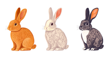 Three bunnies with different fur colors, side view, cut out transparent png