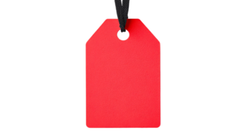 Red tag with black string, price information, mockup, isolated, cut out transparent png