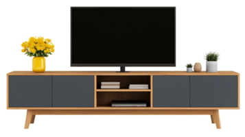 TV set on cabinet stand with plants, cut out transparent png