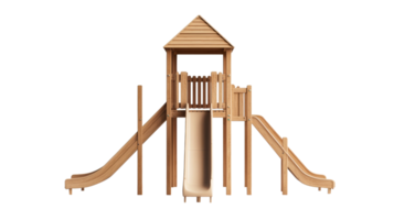 Wooden playground set with slides and tower, cut out transparent png