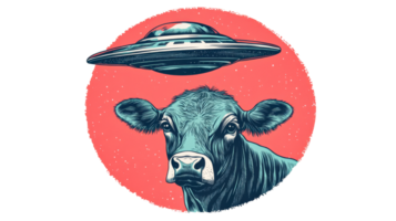 Bovine abduction fantasy in circle, farm animal with alien, cut out transparent png
