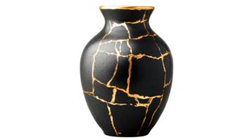 Kintsugi vase in black with gold cracks, art concept, repaired pottery, cut out transparent png