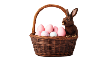 Bunny in Easter basket with eggs, brown color, isolated, cut out transparent png