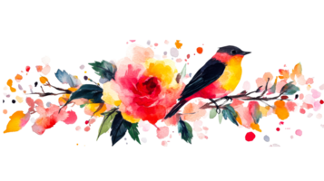 Watercolor floral arrangement with bird, rose, leaves, transparent png