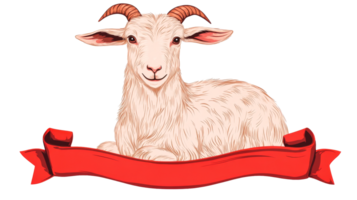 Resting farm goat with ribbon isolated on a black backdrop, cut out transparent png