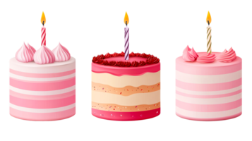 Three colorful birthday cakes with candles, cut out transparent png