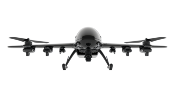 Dark surveillance drone with camera, on black background, cut out transparent png